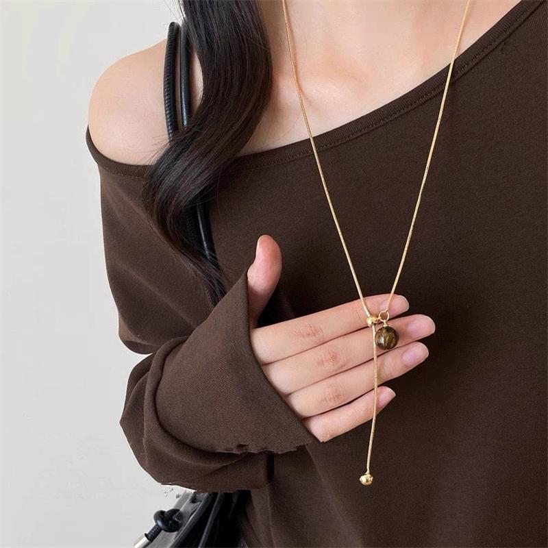 Fashion Brown Stone Sun Geometry Pendant Long Snake Chain Necklace Jewelry For Women New Vintage Charm Jewelry Gifts