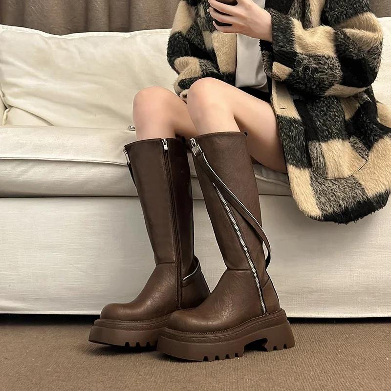 Women High Boots Square Heel Anti-slip Side Zip Winter Women Brand Designer Motorcycle Boots High Heels Outdoor Platform Shoes