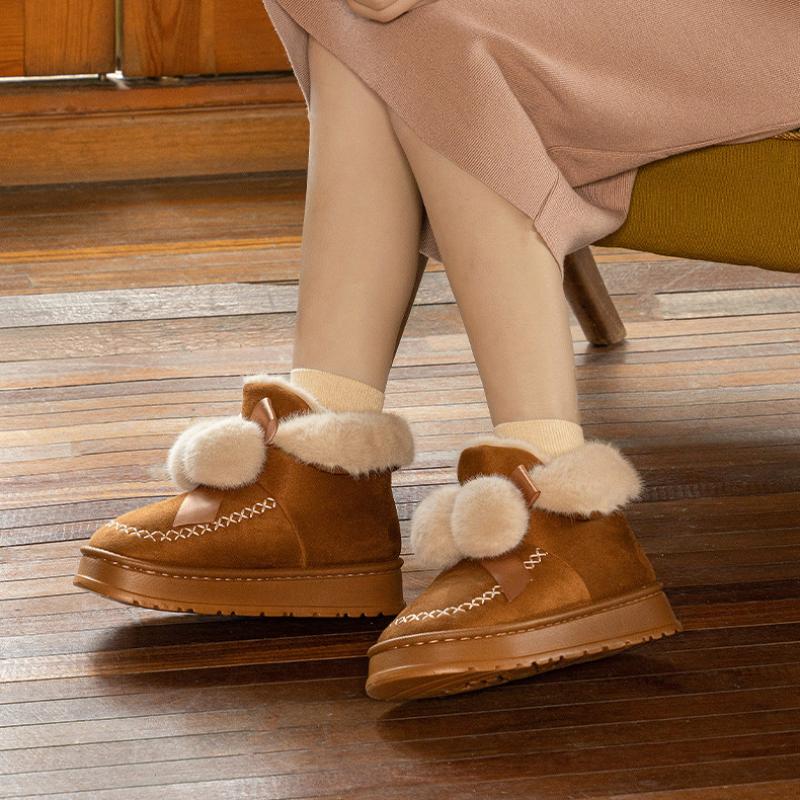 Vinter sløyfe dobbel ball snø bomullssko fasjonable mellomhøye pelsmunn tykk såle høydeøkning varme og sklisikre bomullssko