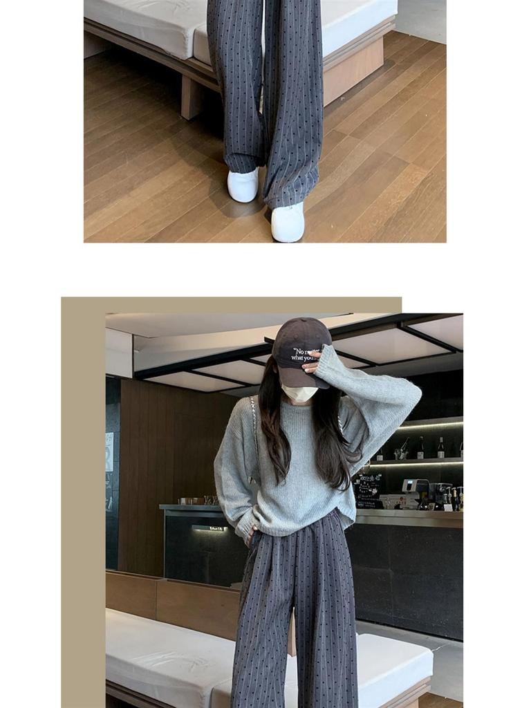 2025 Women's Khaki Polka Dot Striped Wide-Leg Pants - Spring & Autumn Relaxed Fit