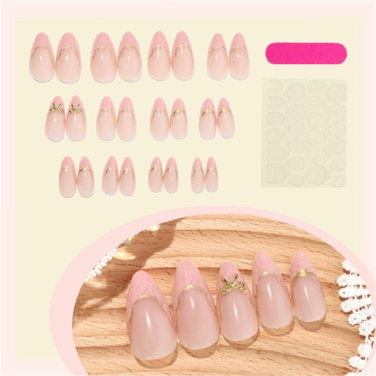 Multiple Style False Nail French Design Gold Trim Bows Detail Almond Shape Comfortable Artificial Nail for Women