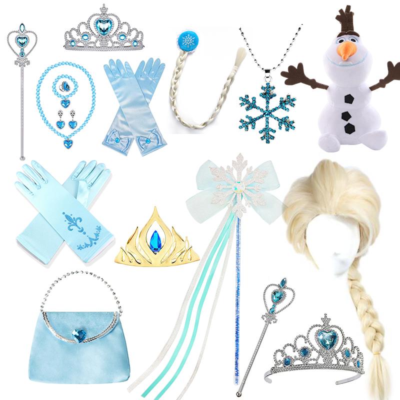 Elsa Princess Accessories Gloves Wand Crown Jewelry Set Elsa Wig Necklace Braid Girls Cosplay Snow Queen Dress Clothing Dress UP