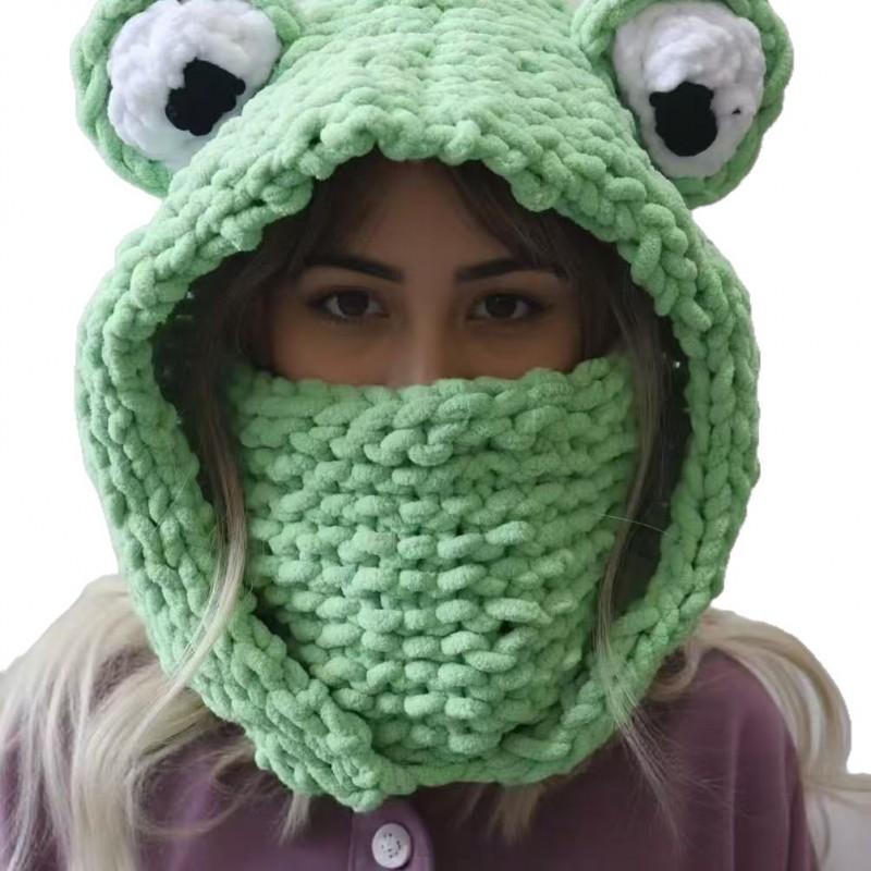 Knitted Frog Ear Warm Hat Women Winter Cute Ins Style Beanie With Eyes Green Blue