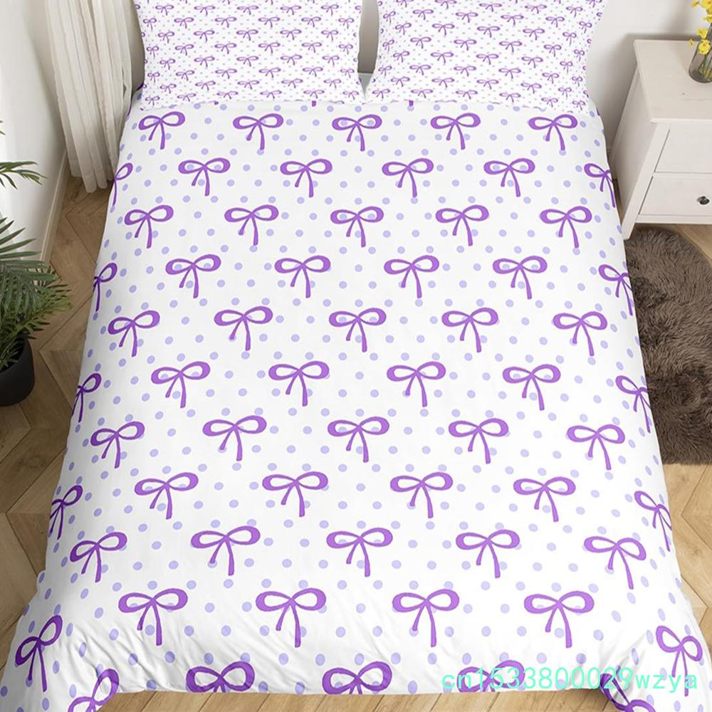 Bowknot Girlish Duvet Cover Cherry Cake Cartoon Bedding Set Cute Dots Love Heart Bow-tie Comforter Cover,Pink Kawaii Quilt Cover