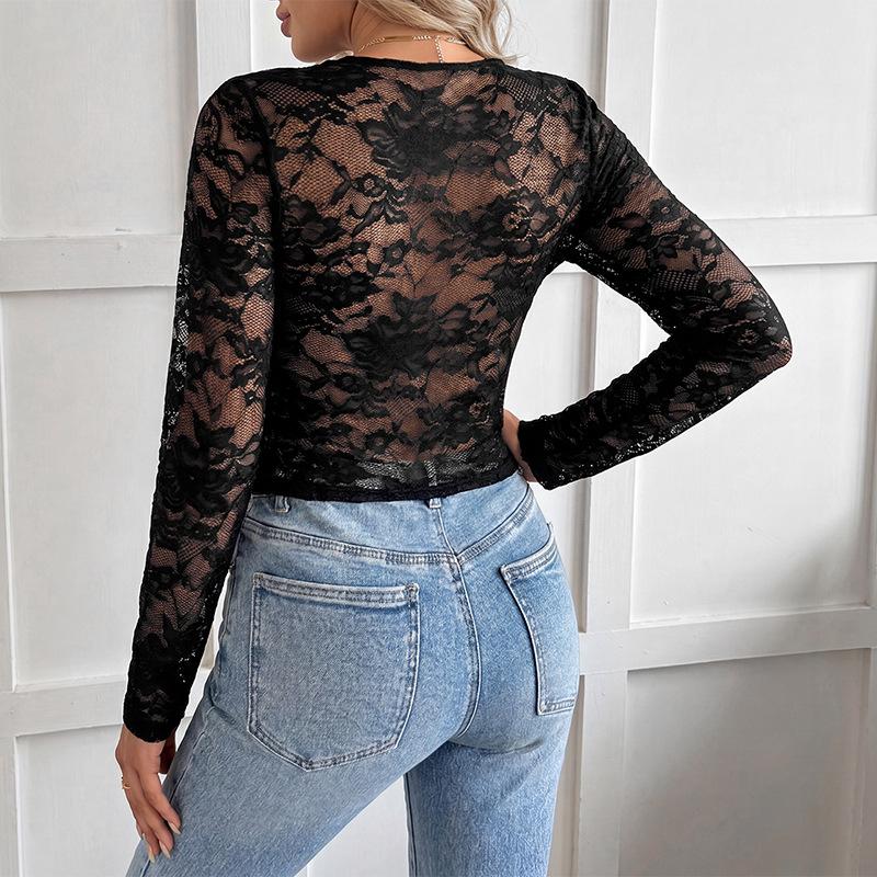 New Style Sweet and Cool Girl-style Lace V-neck Long-sleeved T-shirt for Women