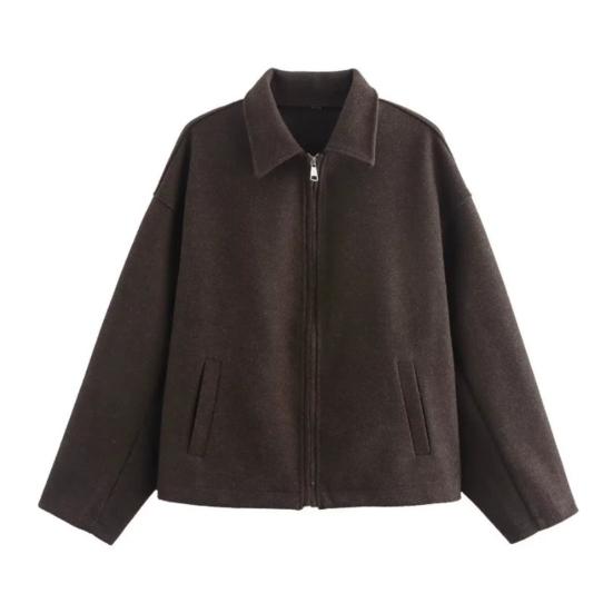 

Жіноча вовняна куртка на блискавці з довгим рукавом, лацканами, коротка, в стилі горошок , повсякденна, для осені та весни, верхній одяг з кишенями M темно-коричневого кольору