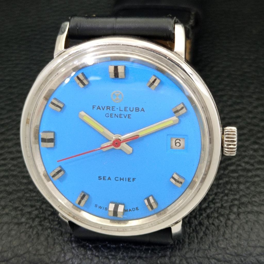 USED SWISS FAVRE LEUBA SEA CHIEF HAND-WINDING MENS SKY BLUE DIAL WATCH A432143-2 R110-a432143