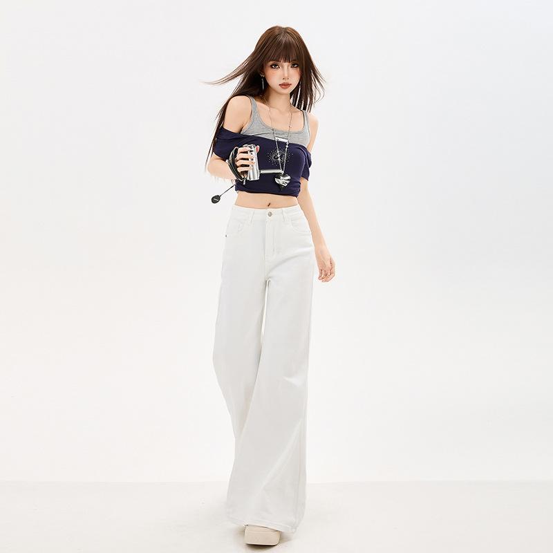 Spice girl light blue jeans women's spring high waist washed micro-pull pants versatile floor pants black gray wide-leg trousers