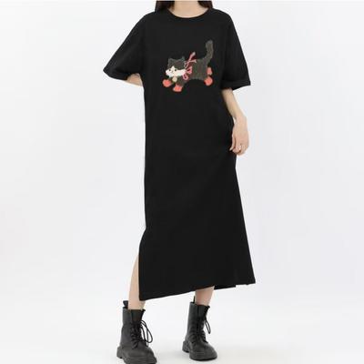 Damen Persönlichkeit Locker Große Größe Port Style Design Sinn Kurzarm Mittellang Schlitz T-Shirt Kleid