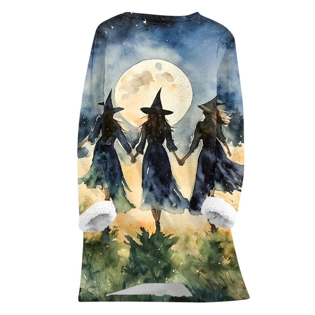 Women's Halloween Print -Lined Long Jacket for Fall and Winter Warmth