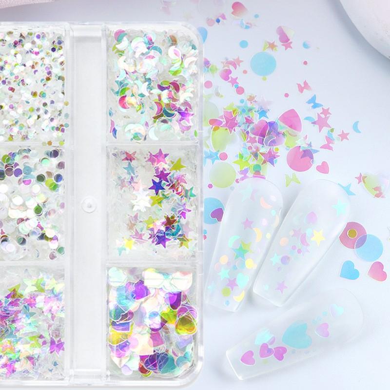 Mini 6 Grid Transparent Rainbow Light Nail Enhancement Sequins Decoration Love Star Moon Nail Accessories Nail DIY Material