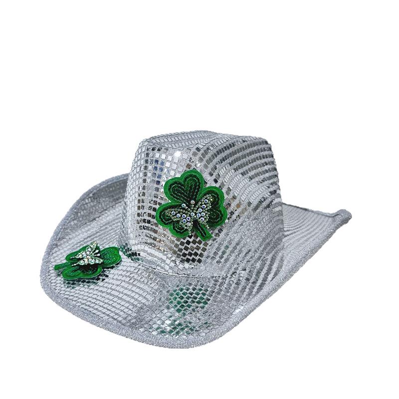 Trendy St. Patrick'S Day Cowgirl Hat Green Clover Irish Festival Party Headwear Silver Sequin Cowboy Hat Party Costume Accessory