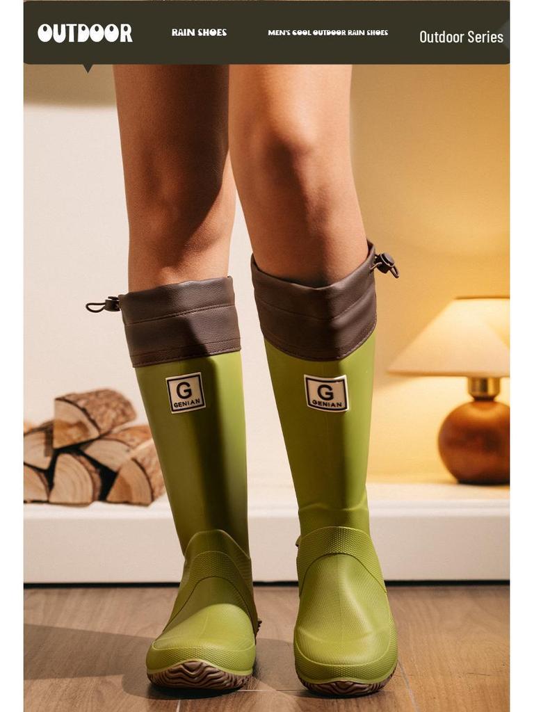 Stylish Unisex High-Top Rain Boots: Waterproof, Splash-Proof, Windproof, with Drawstring and Ribbed Texture for Travel and Wading.