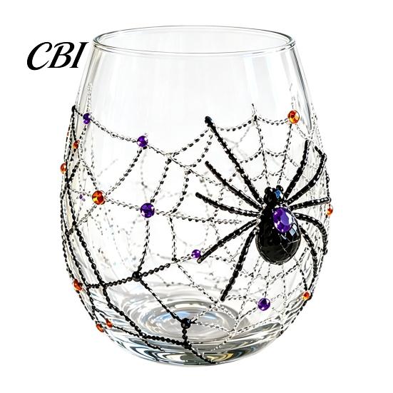 Clear Glassware for Kitchen Halloween Artisan Glassware, Stemless Drinking Glasses with Raised Pumpkin Ghost Black Cat Web Restaurant Grade Glass Cup