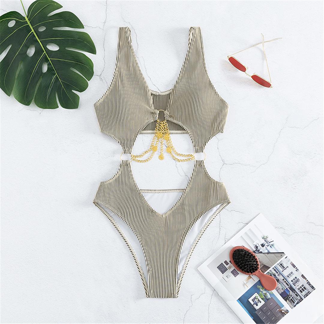 

Сексуальный ребристый животик с вырезами из металлических колец, женский купальник, цельный купальник, женский монокини с высоким вырезом, купальный костюм, купальный костюм L хаки