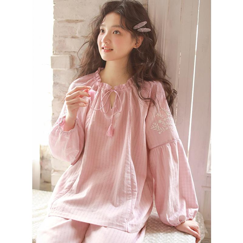 Spring new pajamas women's pure cotton cotton yarn women's French pullover can go out air-conditioned room long-sleeved set 11