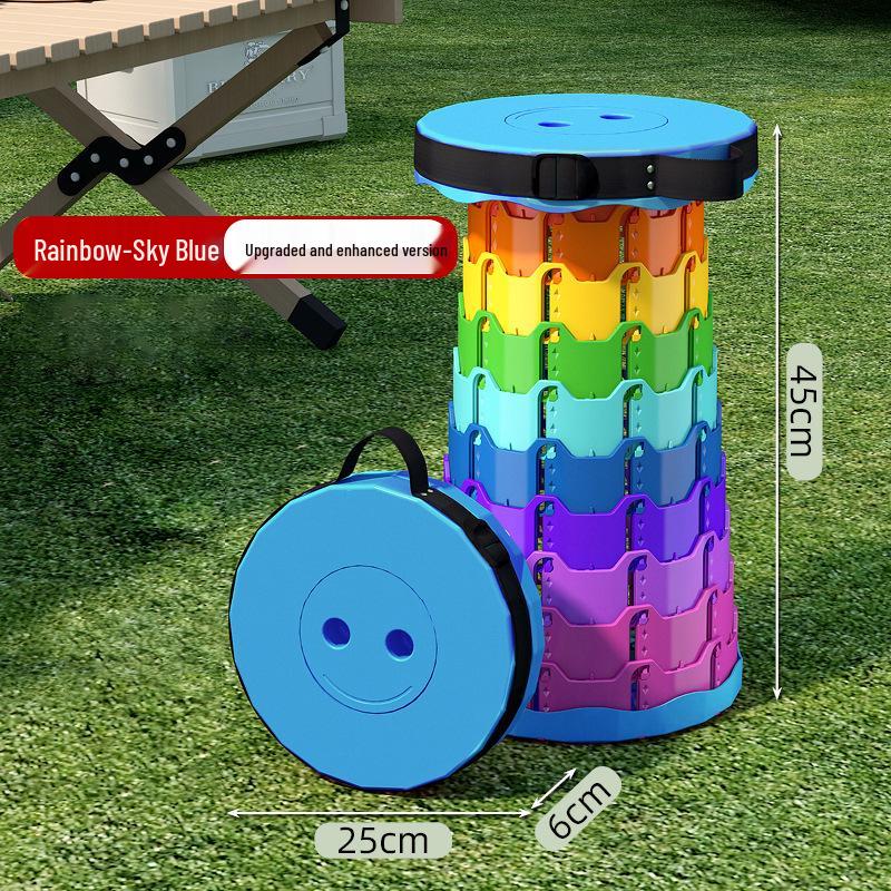 Rainbow Retractable Portable Camping Stool - Round, Plastic Folding Design.