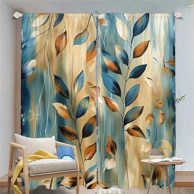 2Pcs Abstract Leaf Curtains 3D Blue Brown Botanical Pattern Living Room Bedroom Balcony Sunshade Modern Simple Decor Curtains