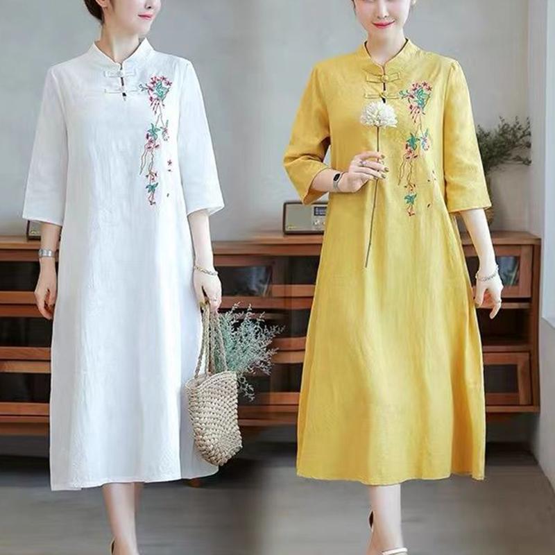 Summer Fashion Chinese Style Stand Collar Embroidery Robe Ladies Vintage Half Sleeve Temperament Vestidos Dress Femme