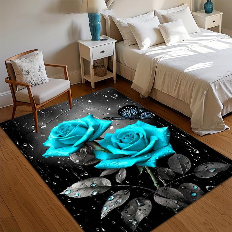 

Rose & Butterfly Area Rug Dark Romantic Design for Entryway Bedroom Black Based Rose Rug Holiday Day Romantic Decor 40x60CM