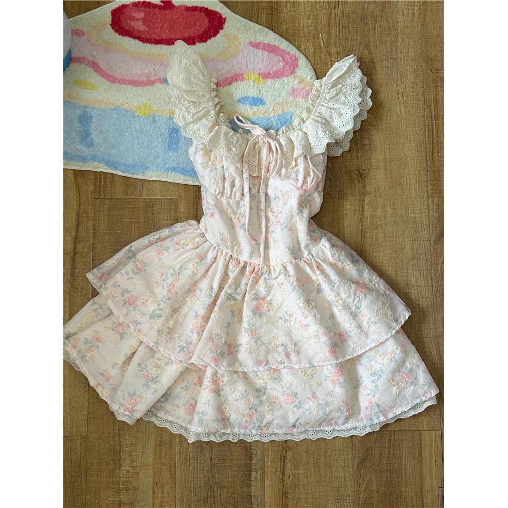 Sweet Spice Girl Blue Flying Sleeve Floral Dress Female Small Summer Waist Fluffy Short Skirt Student Cake Dress