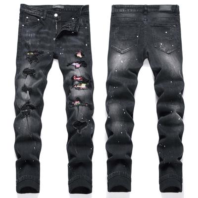 Neuer Stil Street Fashion Jugend Schwarz Used Patched Trendig Elastisch Schlank Geschnittene Jeans Gerade Bein Herren 3531