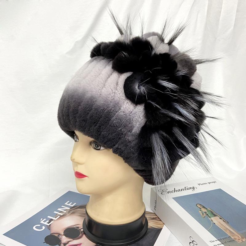 New Natural Rabbit Fur Hats for Women Striped Floral Fox Fur Beanies Female Winter Warm Knitted Outdoor Thick Snow Caps Beanies