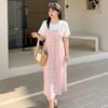 Large size women's clothing summer new temperament commuting fake two-piece women's crew neck meat-covering suspender dress 222095