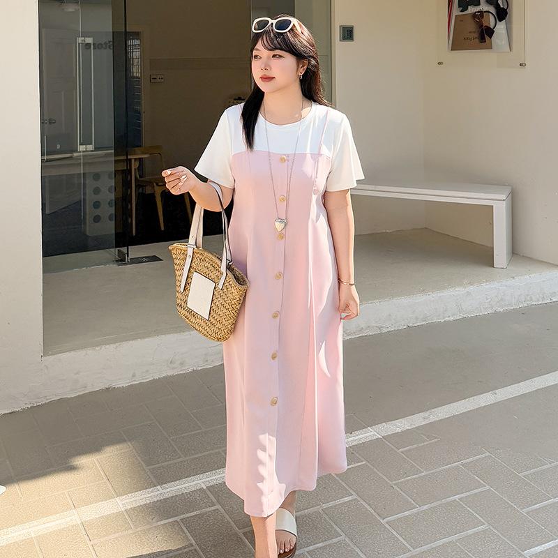 Large size women's clothing summer new temperament commuting fake two-piece women's crew neck meat-covering suspender dress 222095
