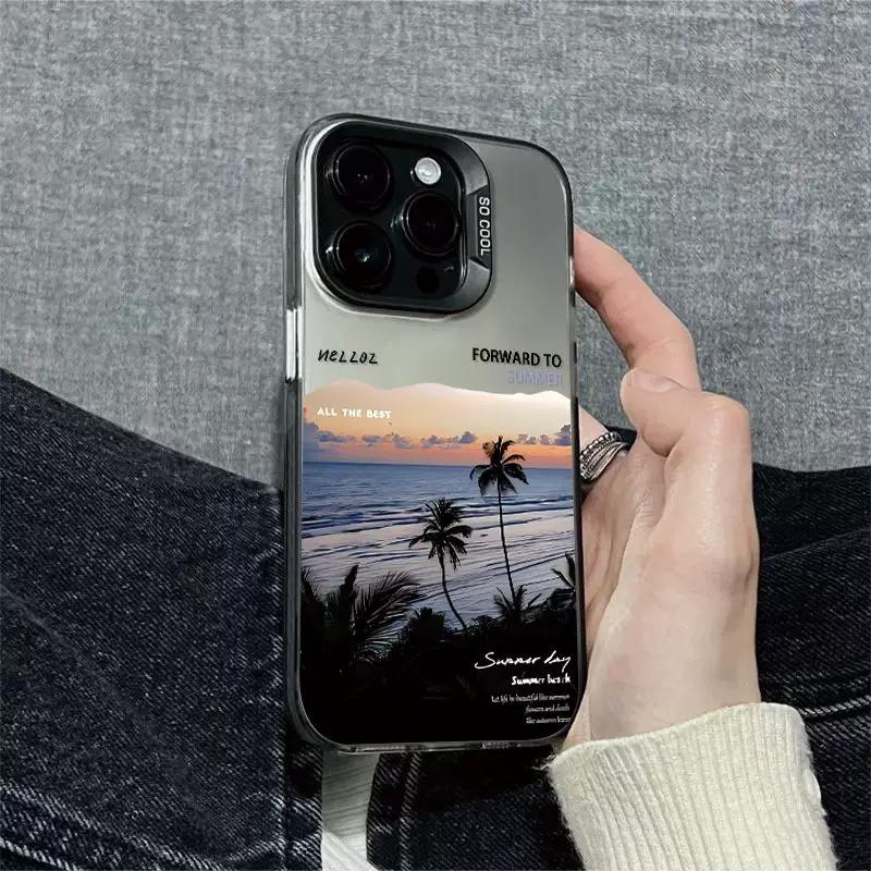 Летний закат на пляже Чехол для телефона, Ударопрочный чехол с изображением пальм для iPhone iPhone 13 PRO MAX чёрный