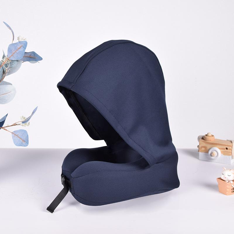 Hooded Memory Cotton U-shaped Pillow Neck Cap U-shaped Pillow Car Travel Pillow Office Shading Nap Pillow Comfort Storage Pillow темно-синий