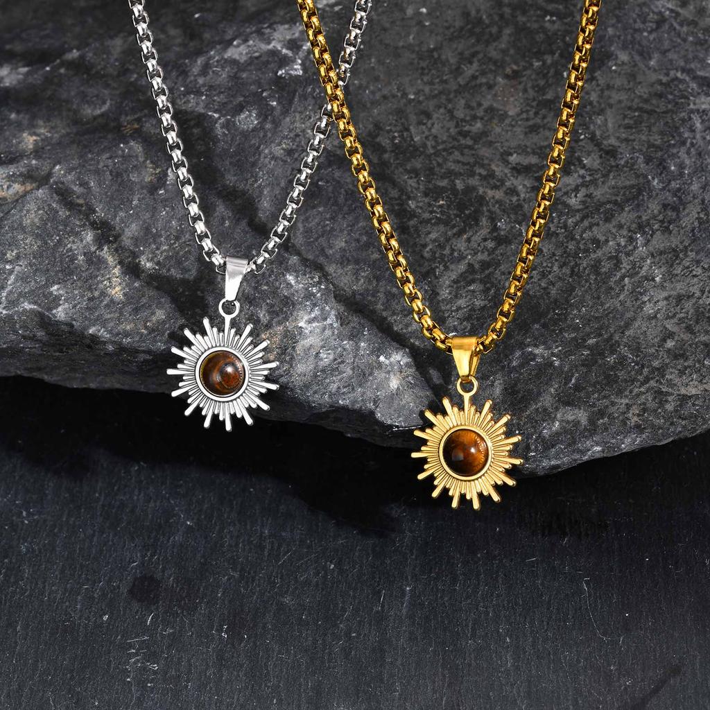 Fashion Sun Tiger Eye Nature Stone Pendant Necklace for Men, Silver Color Stainless Steel Necklace, Punk Personalized Jewelry