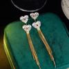 Light luxury, high-end sense, exquisite three zircon love fringed earrings, female temperament, fashionable and versatile, niche design earrings