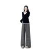 Lazy Style Black & White Striped Fleece-Lined Wide-Leg Pants: Petite-Figure Flattering, Autumn/Winter Casual Floor-Length Design