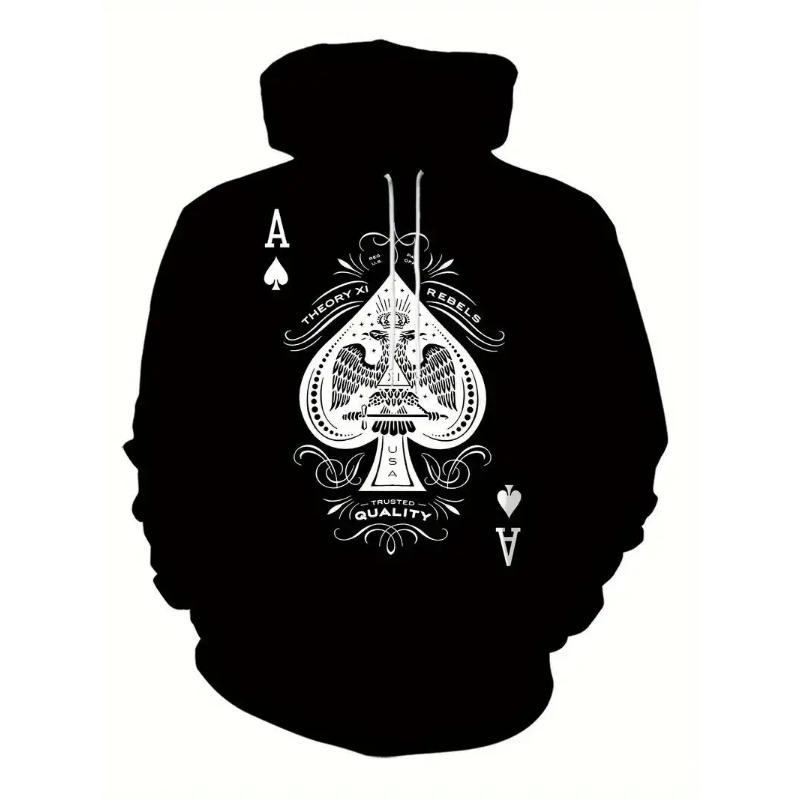 Men's Spring and Autumn Fashion Trendy Hoodie 3D Poker Printed Hoodie Retro High Street Hip Hop Casual Comfortable Sweatshirt