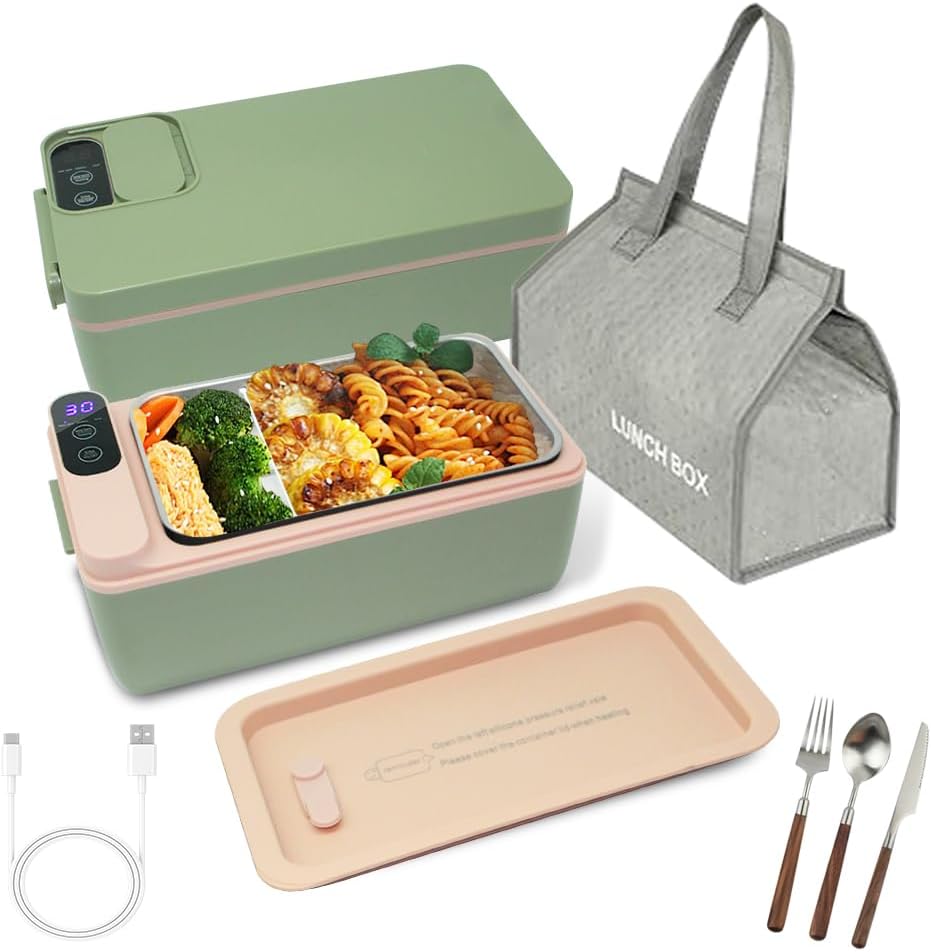 

Cordless Heated Lunch Box 1L, Purple, Battery Powered, Adjustable Time, Includes Tableware & Insulated Bag зелений