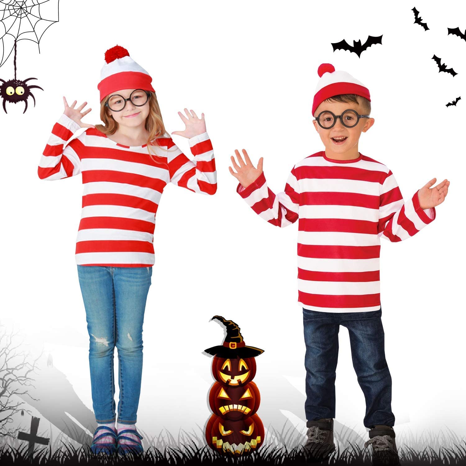 [LAMONKE] Halloween Costume - Where s Wally Kids  3-Piece Set - Costume for Stage Performances, Christmas, New Year s Parties, Year-End Parties,