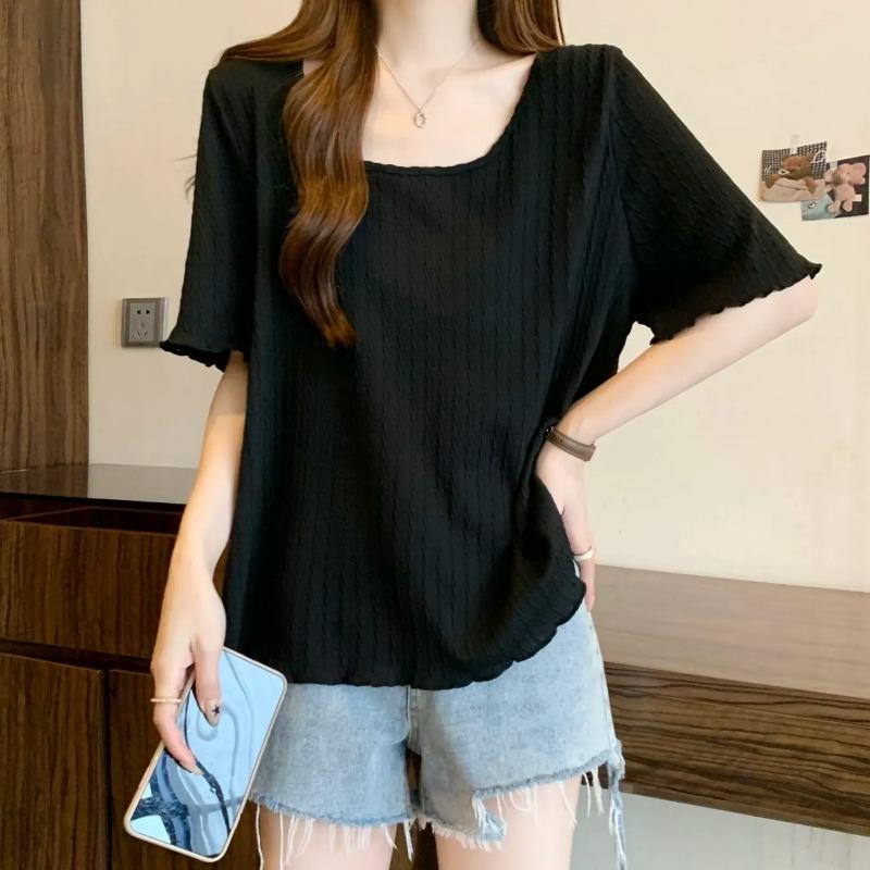 Women s White Textured U-Neck Mid-Sleeve Loose T-Shirt M чёрный