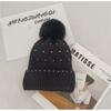 Knitted Winter Hat With Pom-Pom and Pearls Black Warm Fashionable Winter
