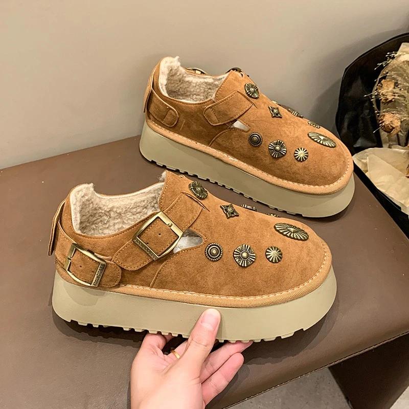 Fashion Winter New Thick Soled Snow Shoes Women's Round Head Suede Rivets Metal Buckle Anti-slip Wear-resistant Cotton Boots