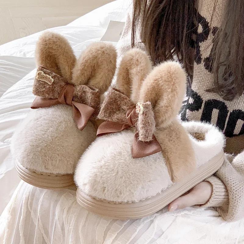 Fashion Winter Cute Pink Rabbit Women Slippers Adults Indoor Cartoon Thick Soft Slides Girls Cute Cotton Slippers   Warm Plush Shoes