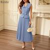 Women Sleeveless Vest Tops and Pleated Skirts Elegant Two Piece Suit Sets