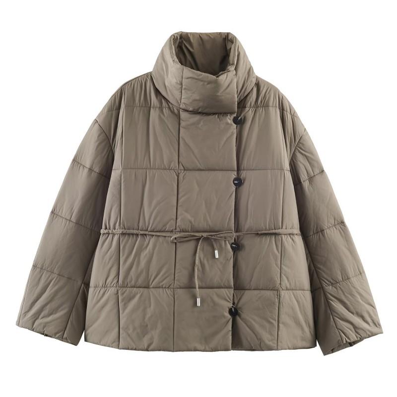 Womens Winter Short Cotton Puffer Jacket With Belt Loose Fit Stand Collar Coat Street Style Casual Wear