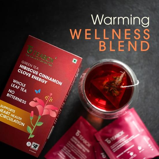 Teabox Hibiscus Cinnamon Clove Green Tea Bags 25 Pcs | 100% Natural Hibiscus, Cinnamon & Clove