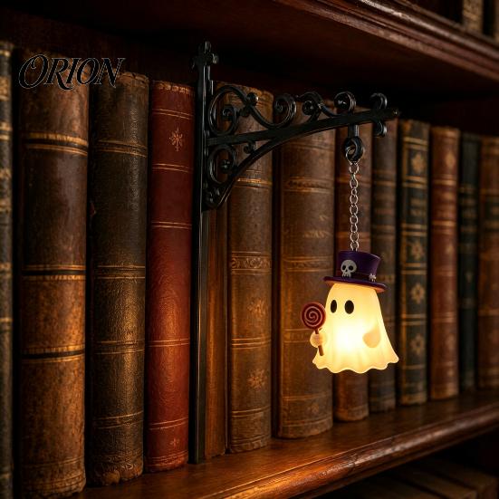 Ghost Pumpkin Bat Decoration Halloween Iron Library Lamp, Vintage Bookshelf Light with Spooky Home Decor Pendants, Reading Nook Nightlight,