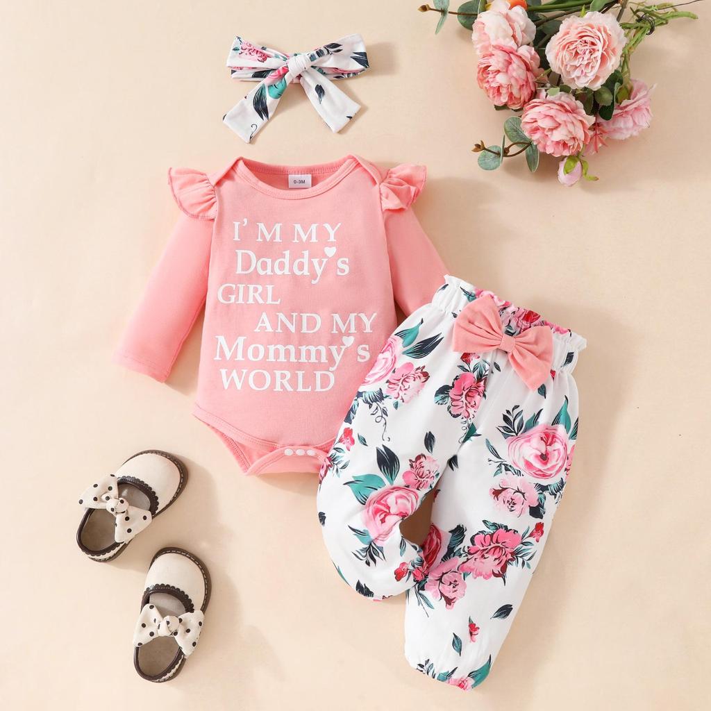 Baby Girl Autumn Romper Set: Long-Sleeved Letter Romper, Bow Flower Pants, Headband - Three-Piece Outfit 2024
