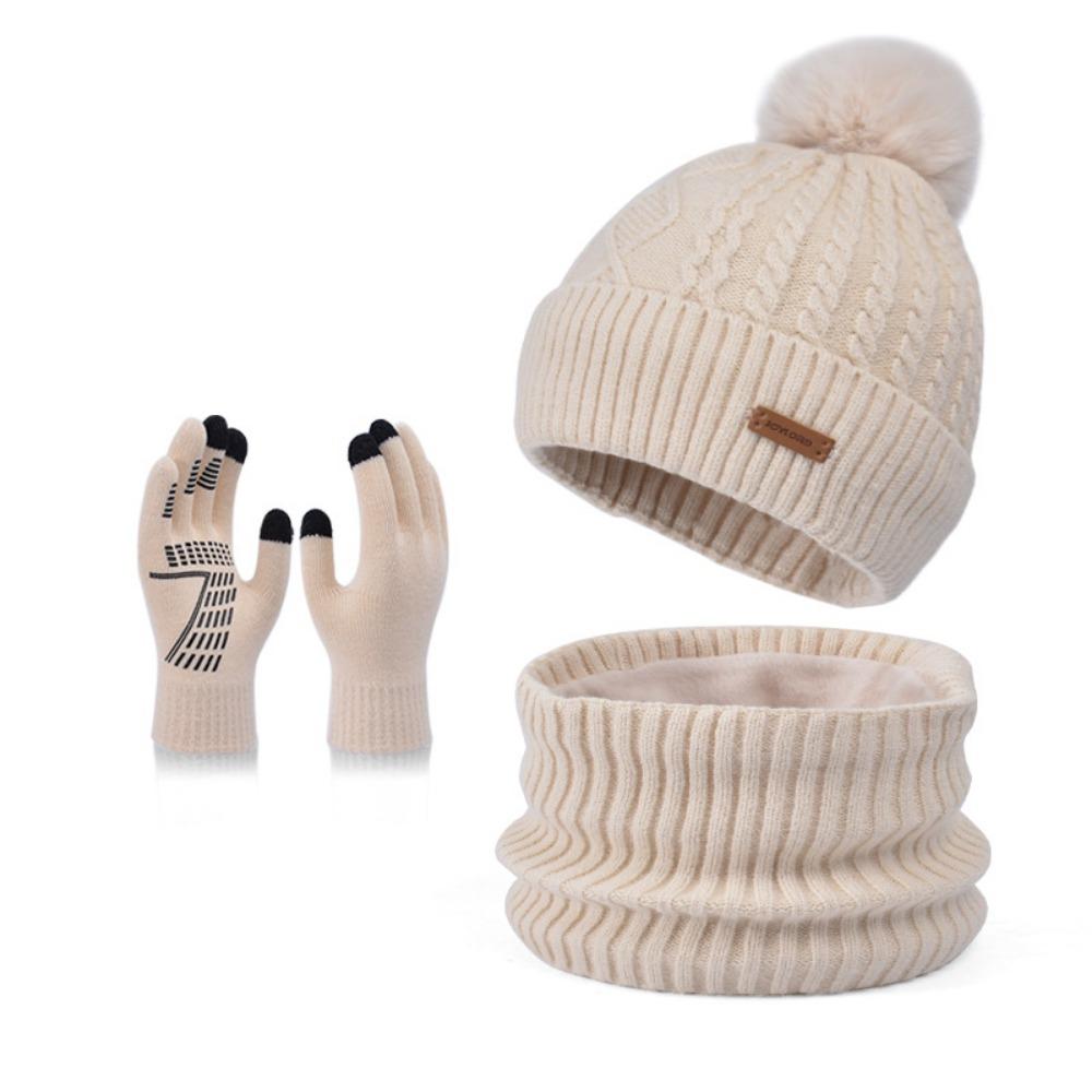 3pcs Solid Color Hat Scarf Gloves Set Warm Winter Beanie Hat Simple Thermal Knit Cap  Outdoor