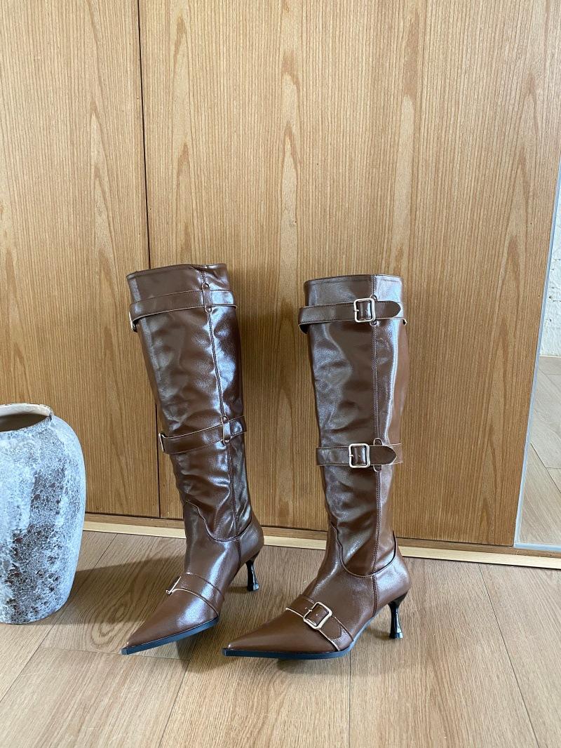 

2025 осень и зима новые европейские и американские модные ботинки универсальные ботинки острый носок тонкий каблук но ремень с пряжкой до колена рыцарские ботинки 39 коричневый