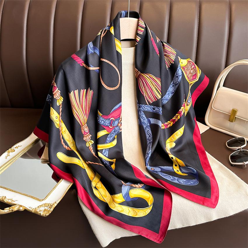 Luxury  90*90cm Print Silk Scarf Headband Foulard Ribbon Wraps Hairband Neckerchief Female Shawls Bandanna Square Silk Scarf