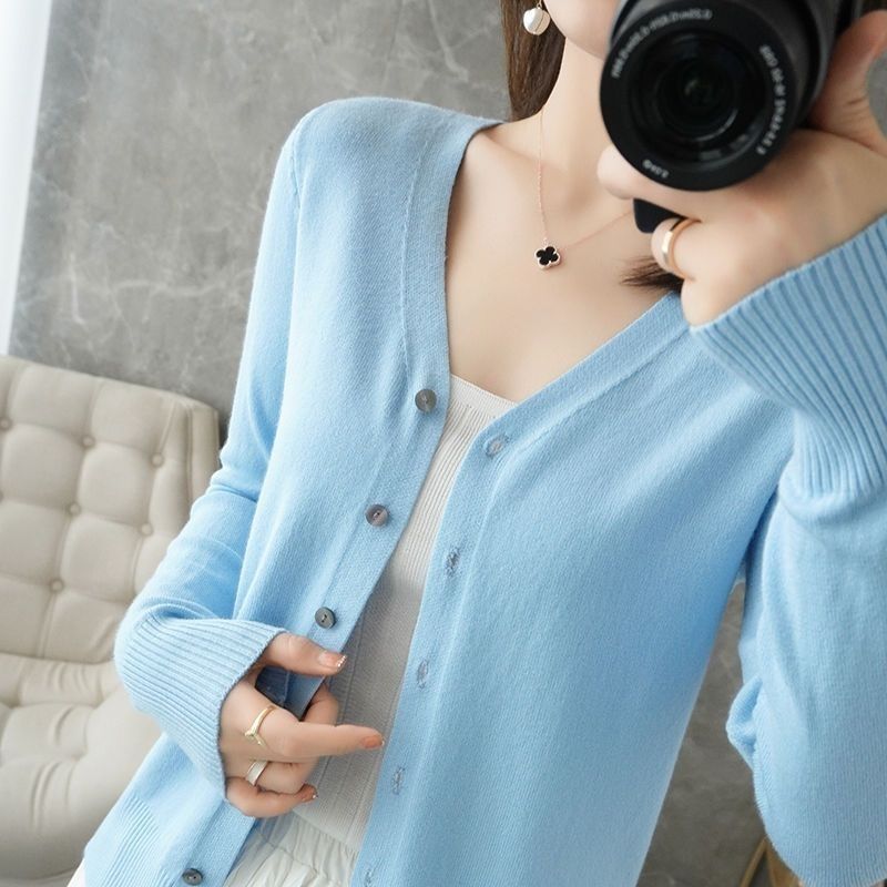 Damen Strickjacke Rundhalspullover Herbst und Winter Strickpullover Damen Einfarbig Langarm